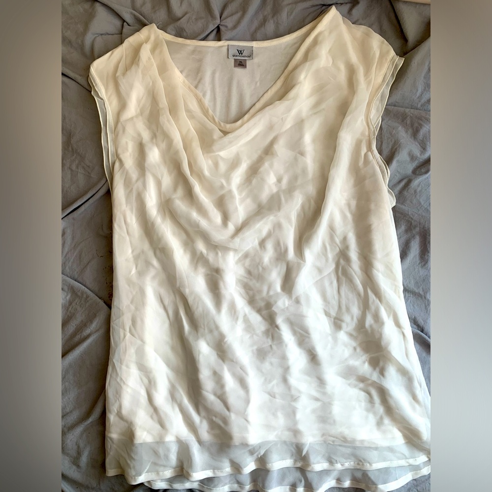 Worthington White Flowy Short Sleeve Blouse Sheer Overlay